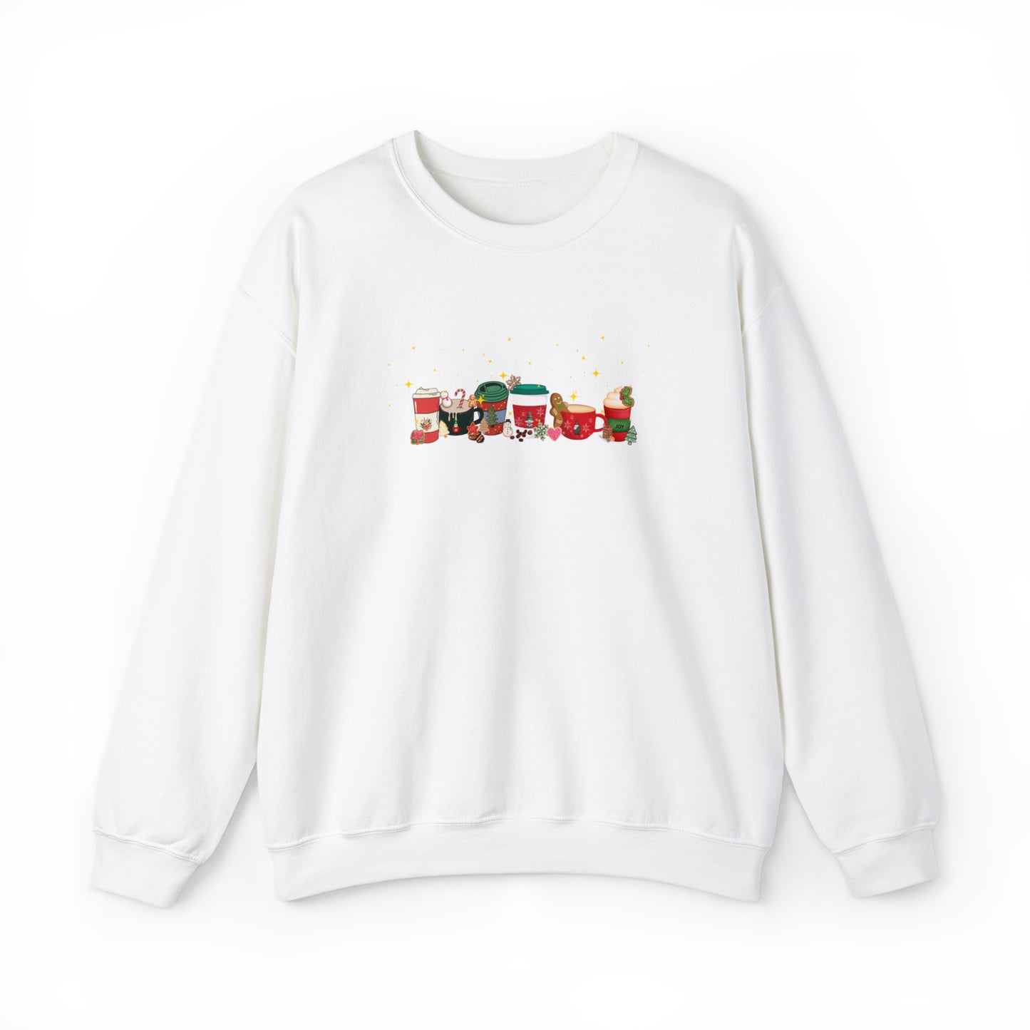 Christmas Cheer Coffee Sweatshirt. Holiday top dancing with cookies, coffee beans and snowflakes filling the coffee cup with joy