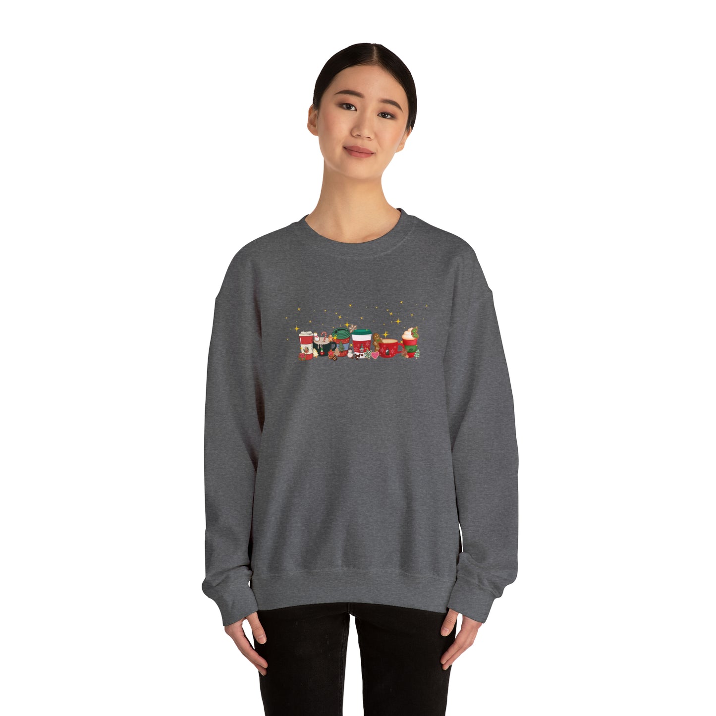 Christmas Cheer Coffee Sweatshirt. Holiday top dancing with cookies, coffee beans and snowflakes filling the coffee cup with joy