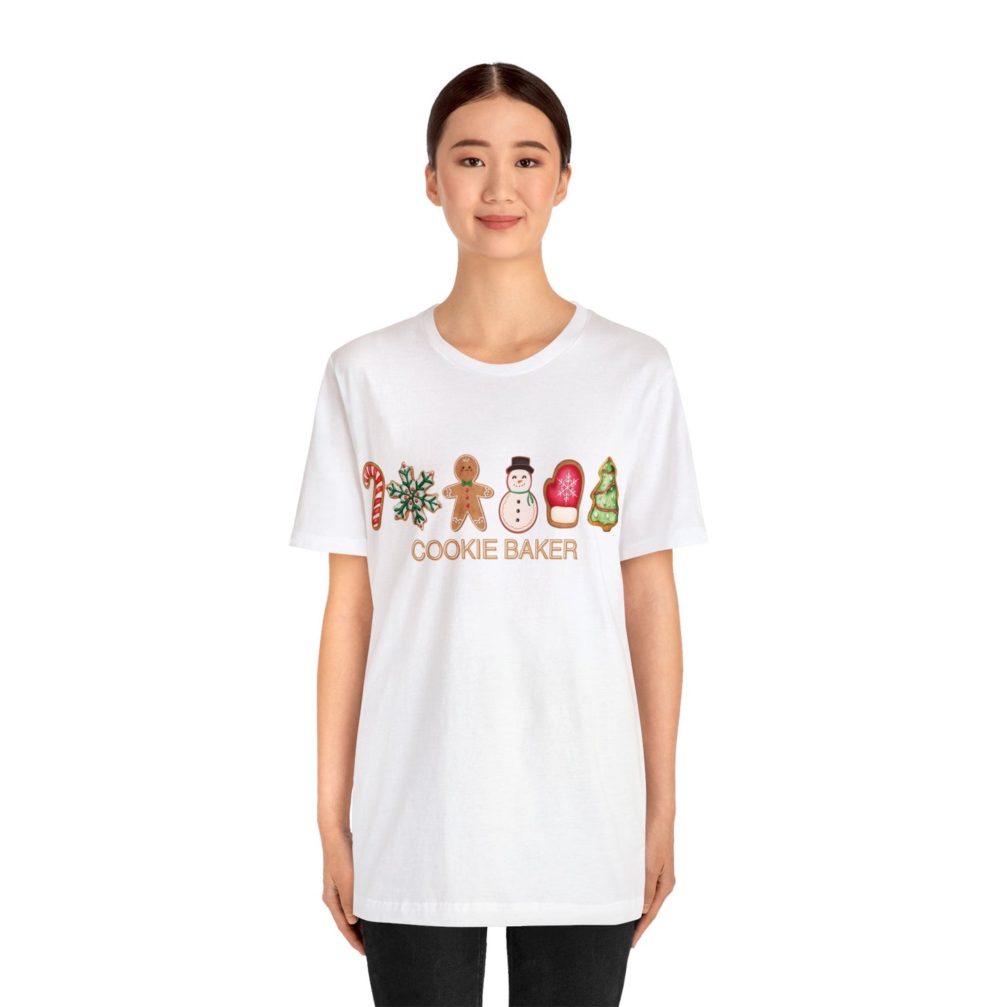 Cookie Baker Christmas Unisex Jersey Short Sleeve Tee. Gingerbread, Sugar, Frosted, Snowman, Mitten, Tree, Candy Cane Cookie  Holiday Top.