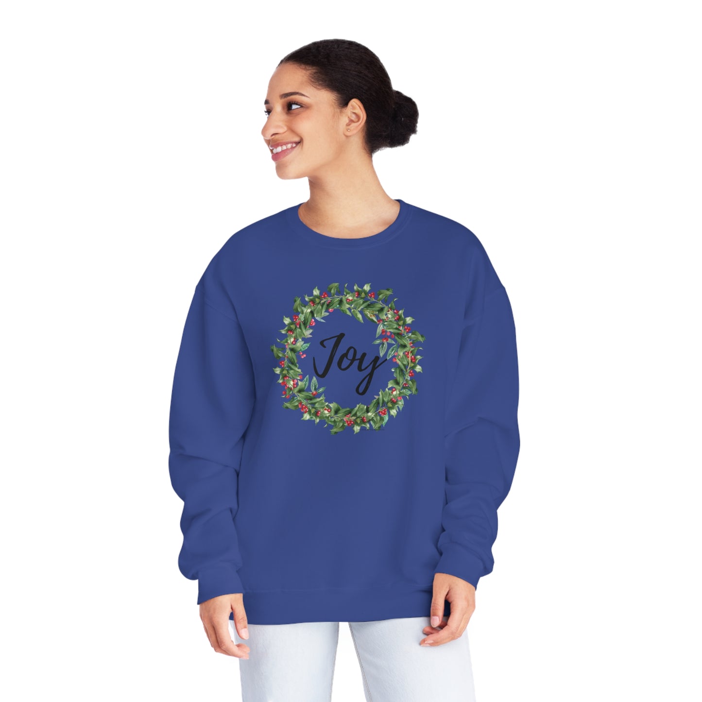 Joy Berry Wreath Holiday Unisex Crewneck Sweatshirt. Christmas, Holiday Wreath with Berries Sweater