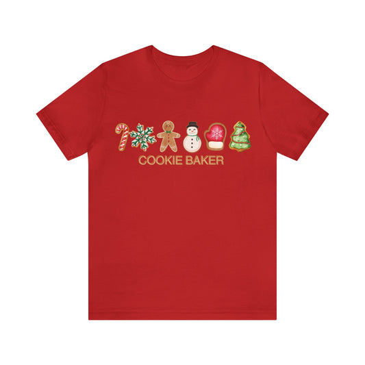 Cookie Baker Christmas Unisex Jersey Short Sleeve Tee. Gingerbread, Sugar, Frosted, Snowman, Mitten, Tree, Candy Cane Cookie  Holiday Top.