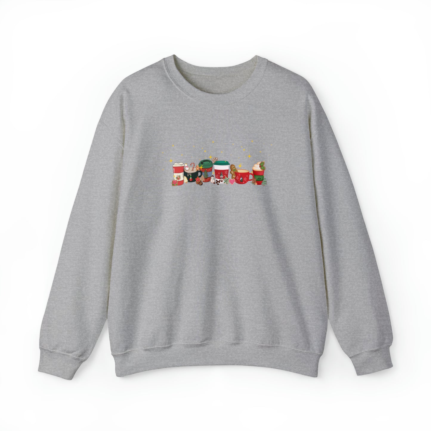 Christmas Cheer Coffee Sweatshirt. Holiday top dancing with cookies, coffee beans and snowflakes filling the coffee cup with joy