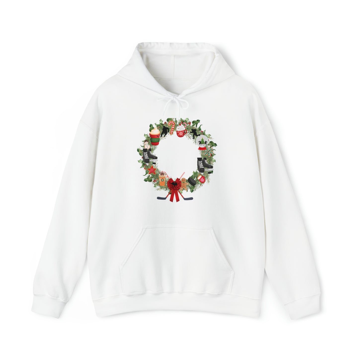 Hockey Mom Christmas Wreath Unisex Heavy Blend™ Hooded Sweatshirt. Holiday Festive wreath for hockey players and their family