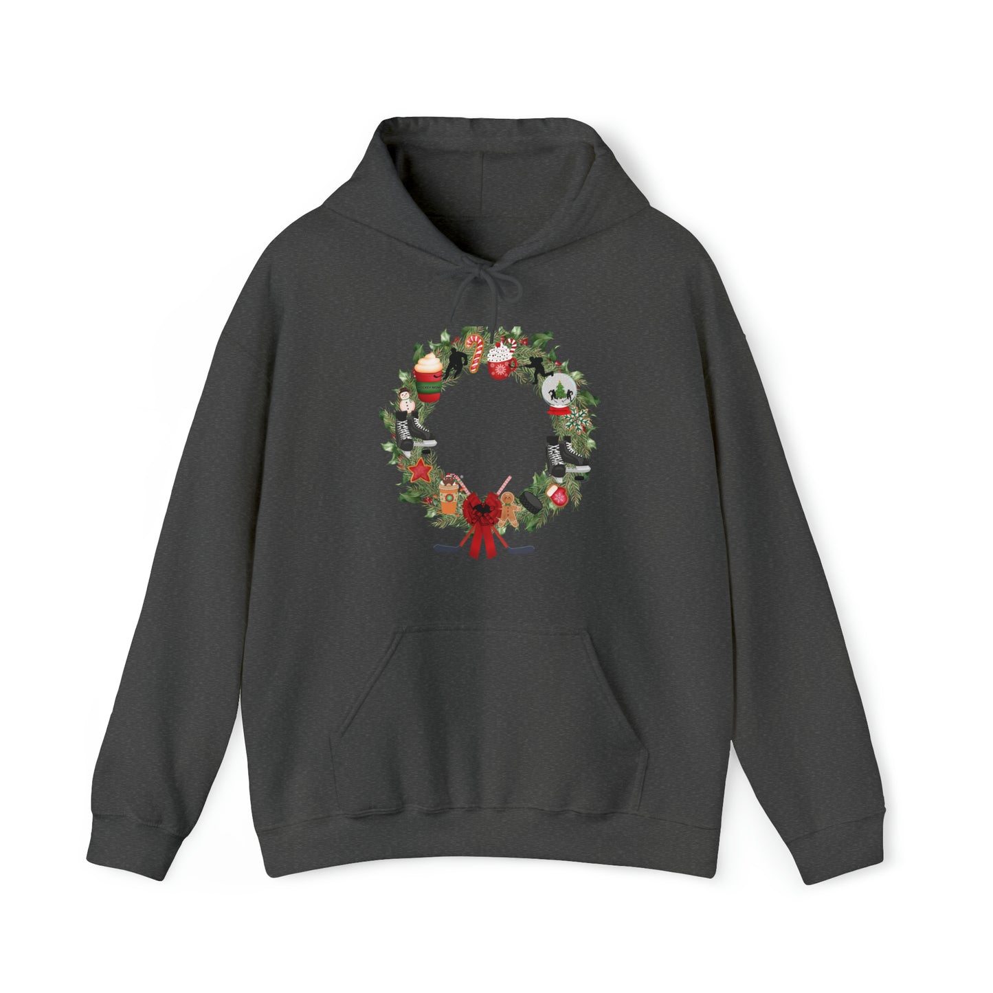 Hockey Mom Christmas Wreath Unisex Heavy Blend™ Hooded Sweatshirt. Holiday Festive wreath for hockey players and their family