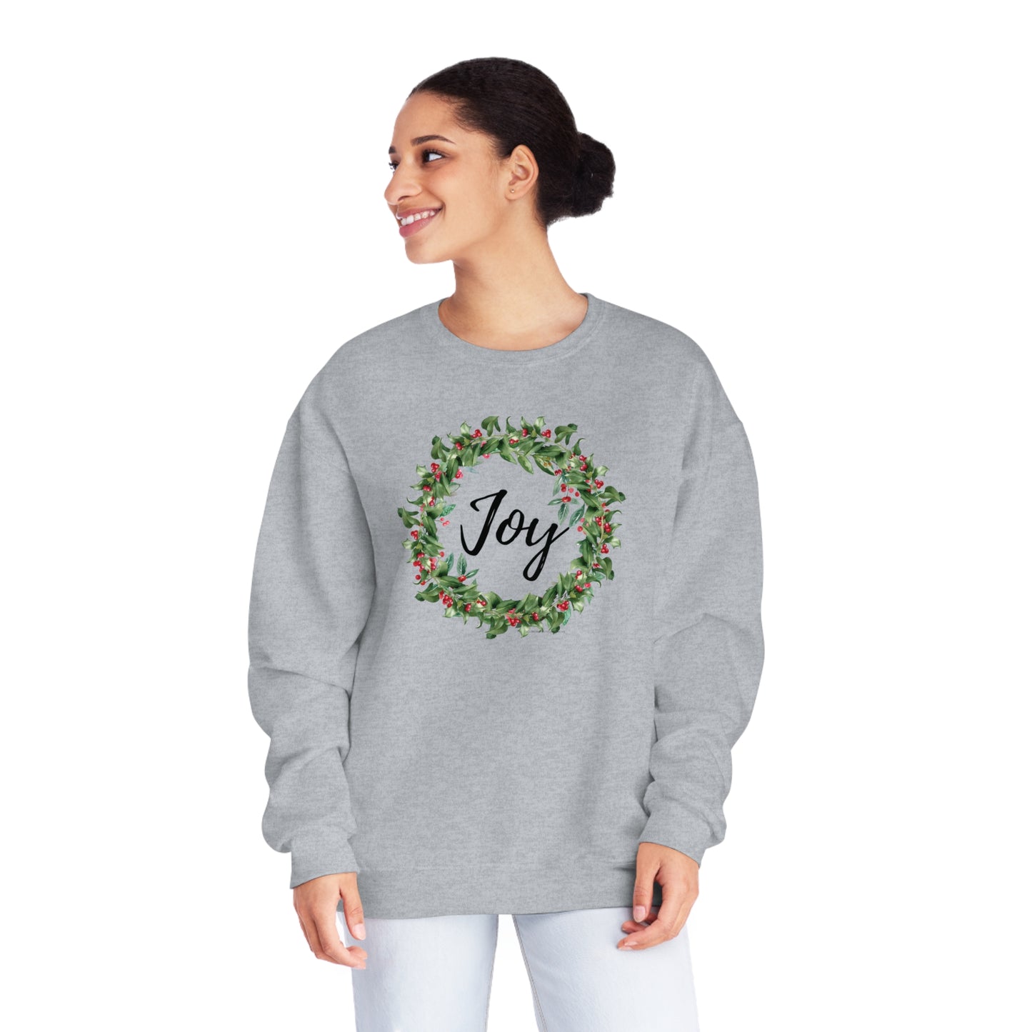 Joy Berry Wreath Holiday Unisex Crewneck Sweatshirt. Christmas, Holiday Wreath with Berries Sweater