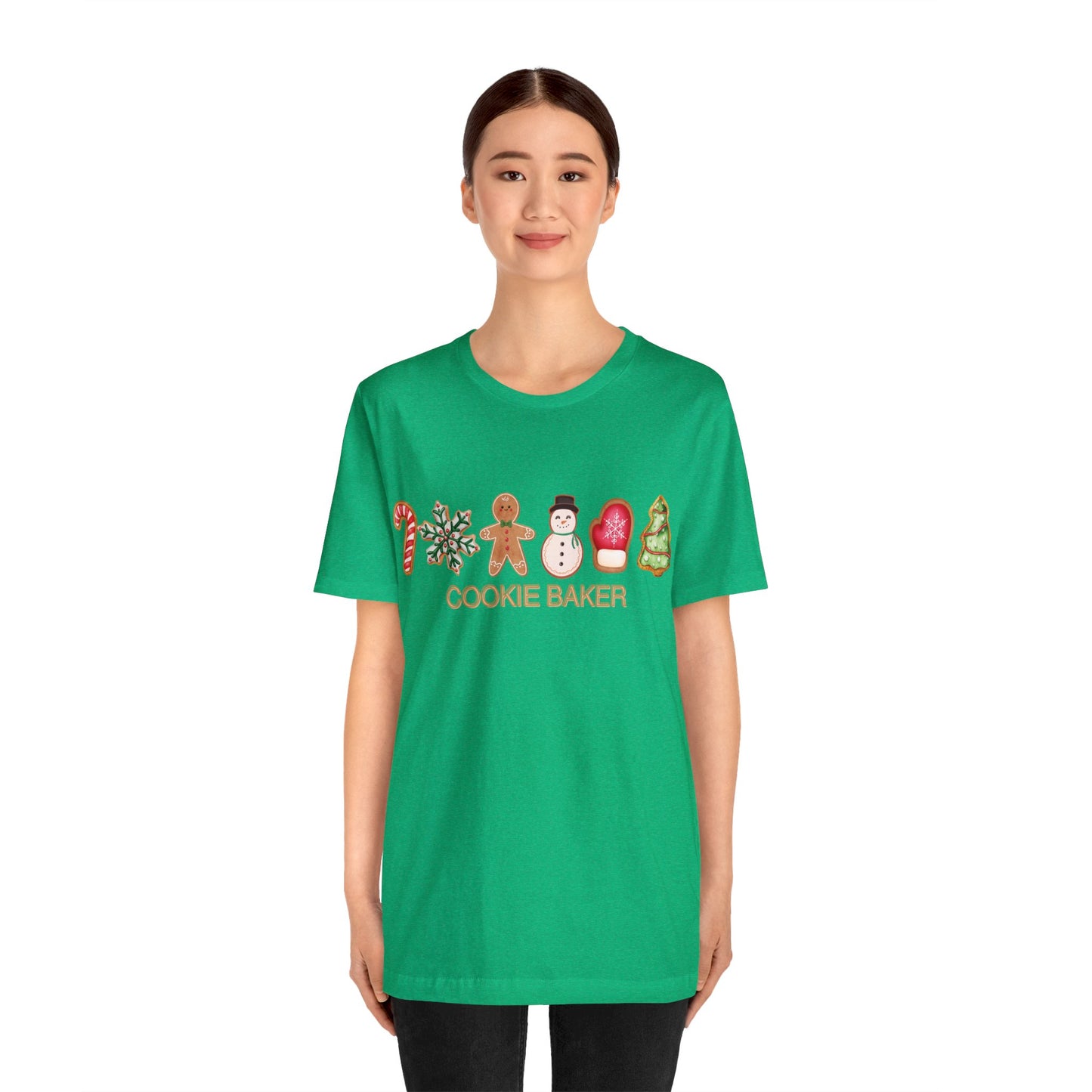 Cookie Baker Christmas Unisex Jersey Short Sleeve Tee. Gingerbread, Sugar, Frosted, Snowman, Mitten, Tree, Candy Cane Cookie  Holiday Top.