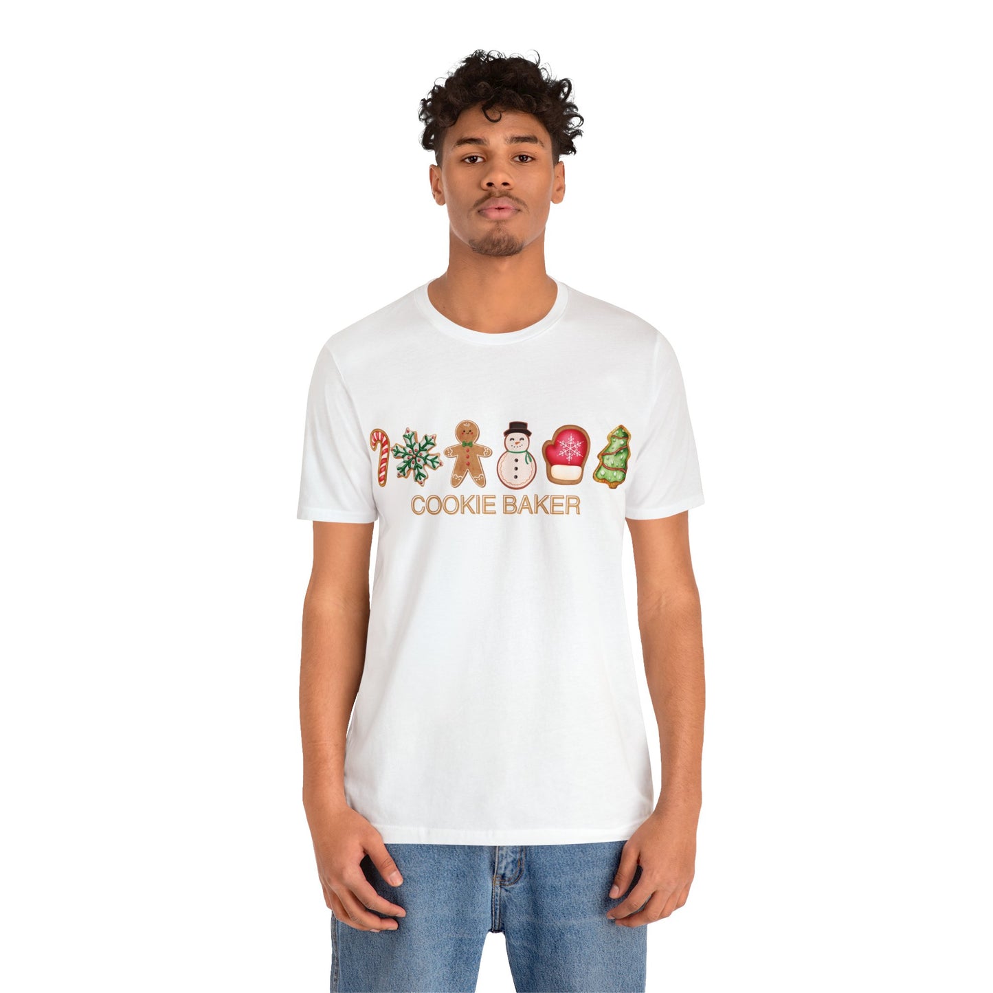 Cookie Baker Christmas Unisex Jersey Short Sleeve Tee. Gingerbread, Sugar, Frosted, Snowman, Mitten, Tree, Candy Cane Cookie  Holiday Top.