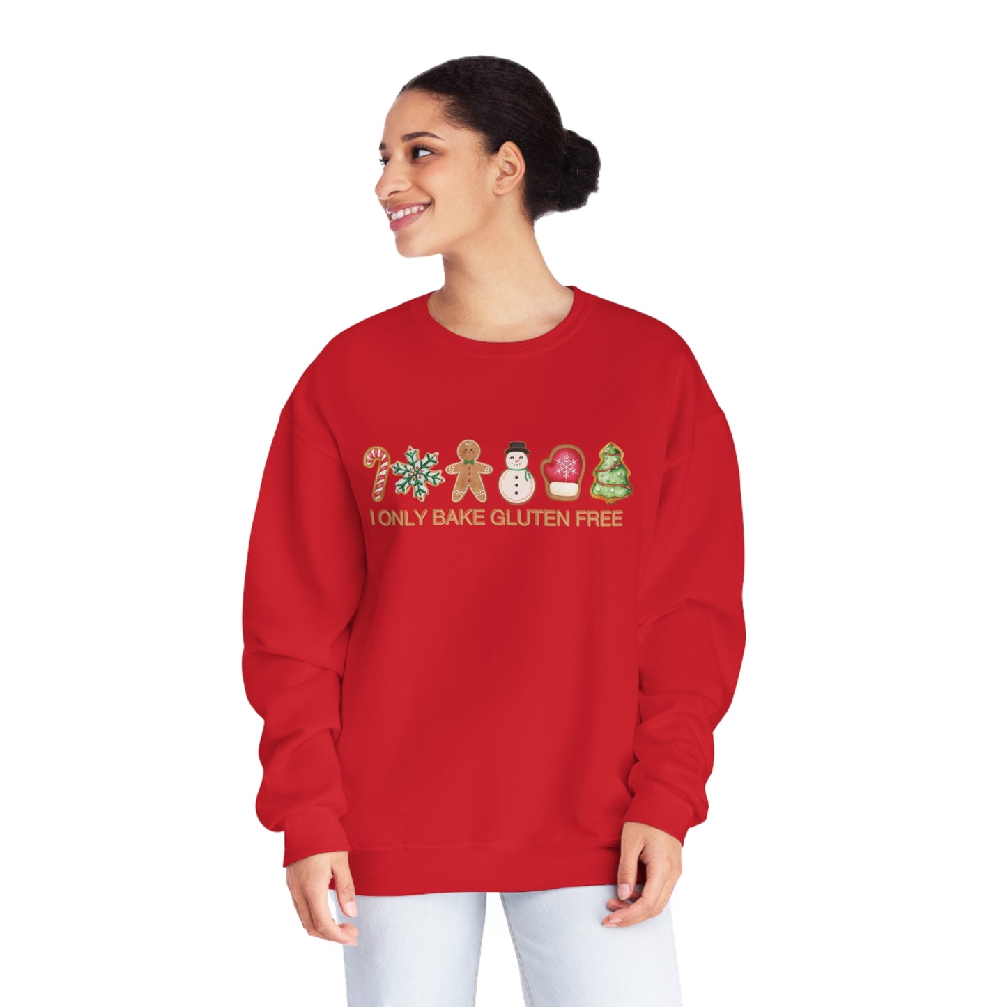 I only bake Gluten Free Unisex Crewneck Sweatshirt, Christmas, frosted, gingerbread, sugar, candy cane GF cookie, latte, coffee, coco