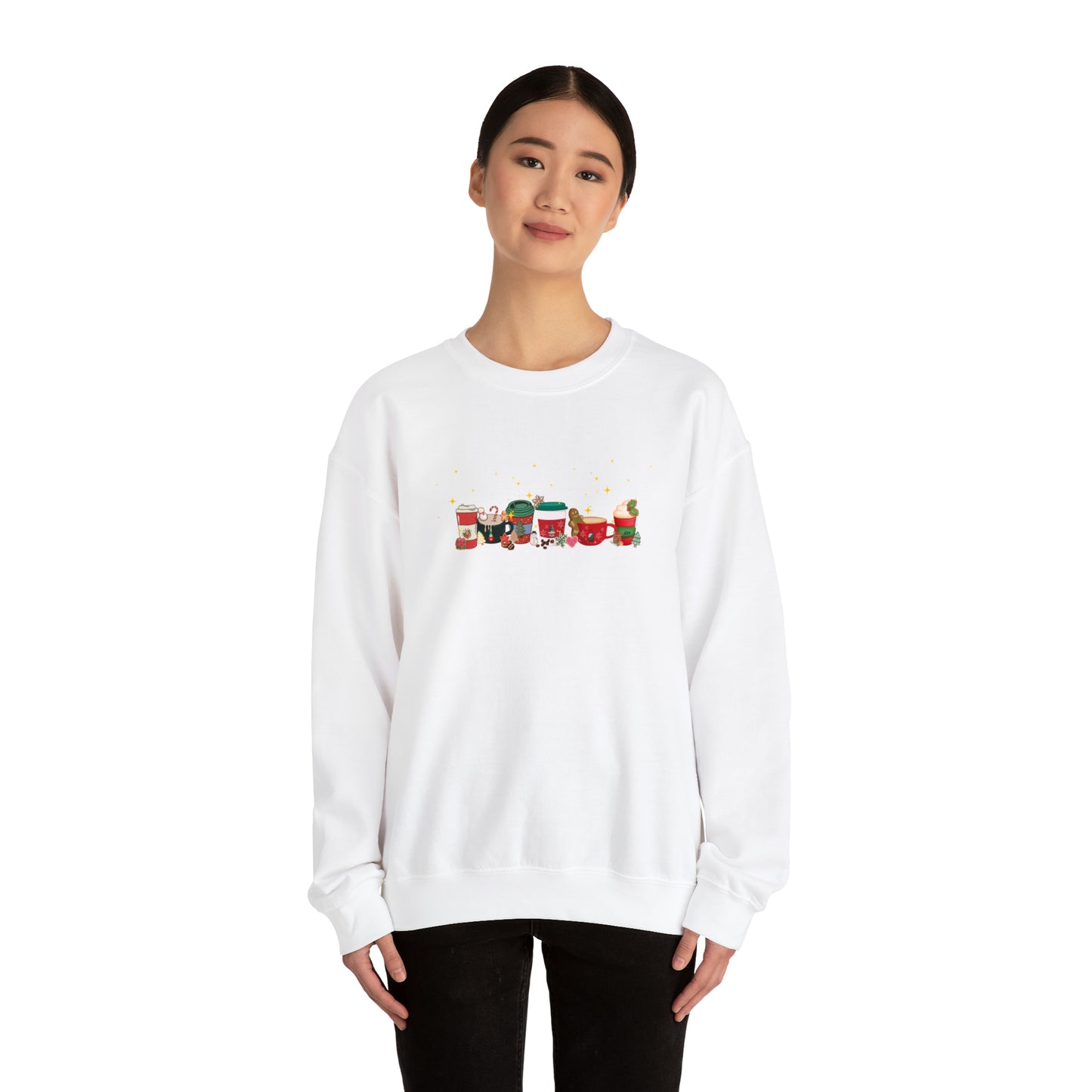 Christmas Cheer Coffee Sweatshirt. Holiday top dancing with cookies, coffee beans and snowflakes filling the coffee cup with joy