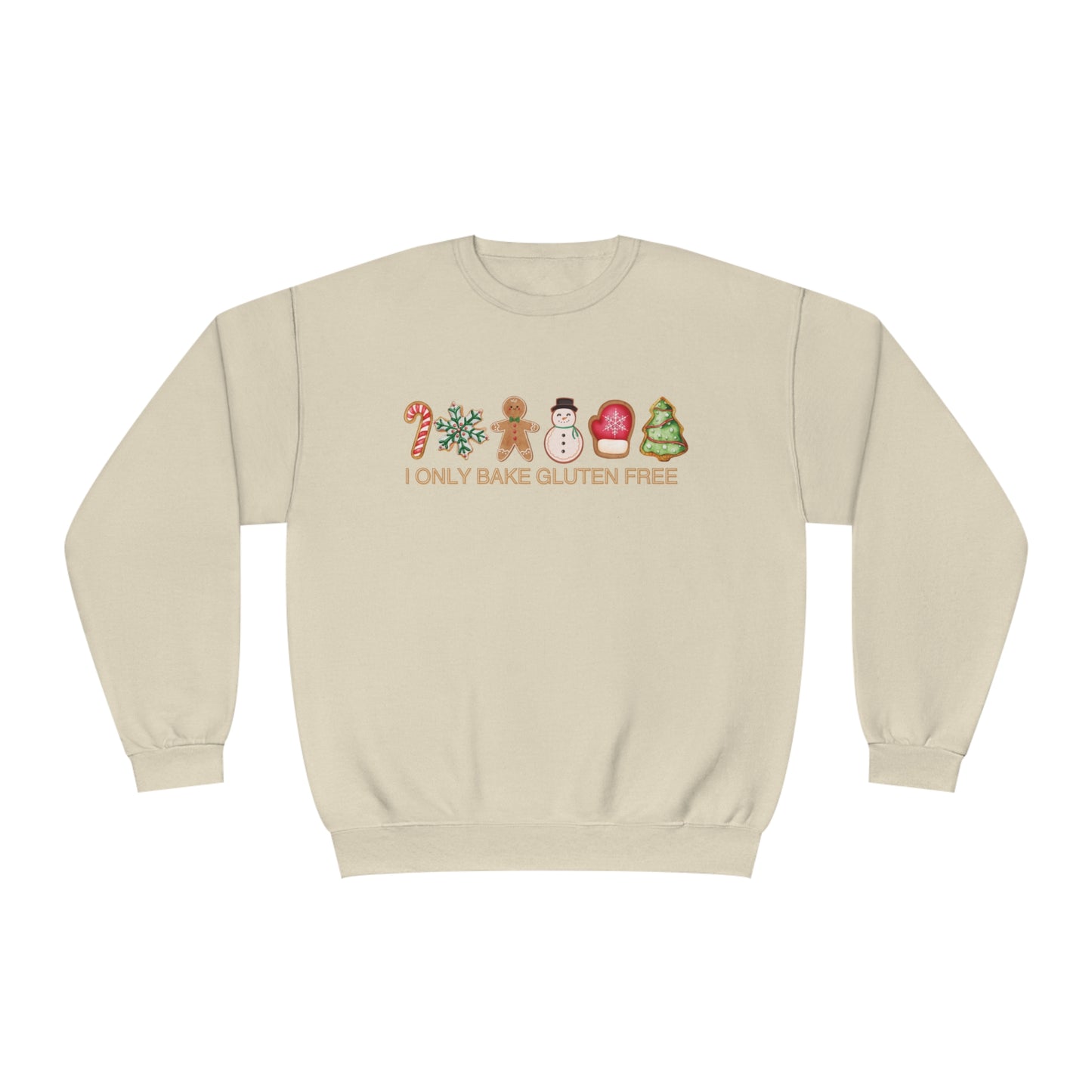 I only bake Gluten Free Unisex Crewneck Sweatshirt, Christmas, frosted, gingerbread, sugar, candy cane GF cookie, latte, coffee, coco