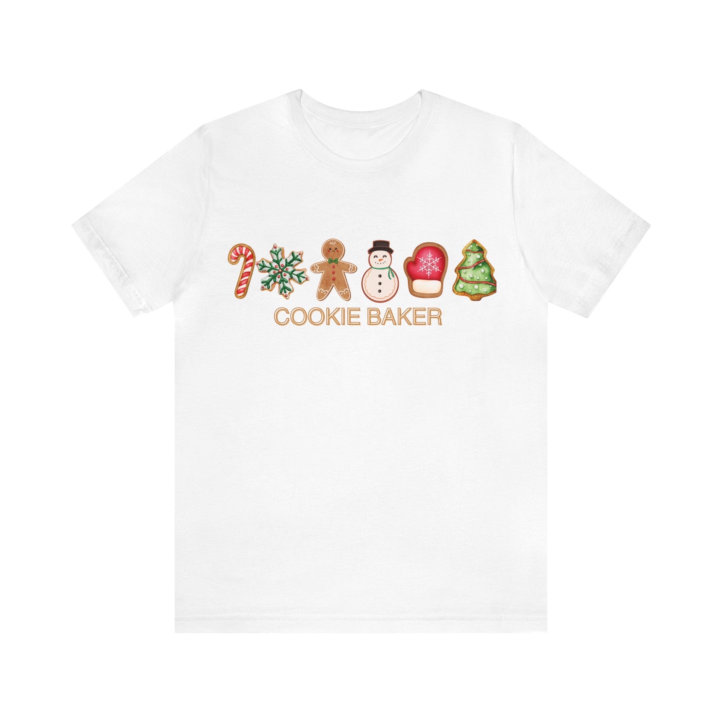 Cookie Baker Christmas Unisex Jersey Short Sleeve Tee. Gingerbread, Sugar, Frosted, Snowman, Mitten, Tree, Candy Cane Cookie  Holiday Top.