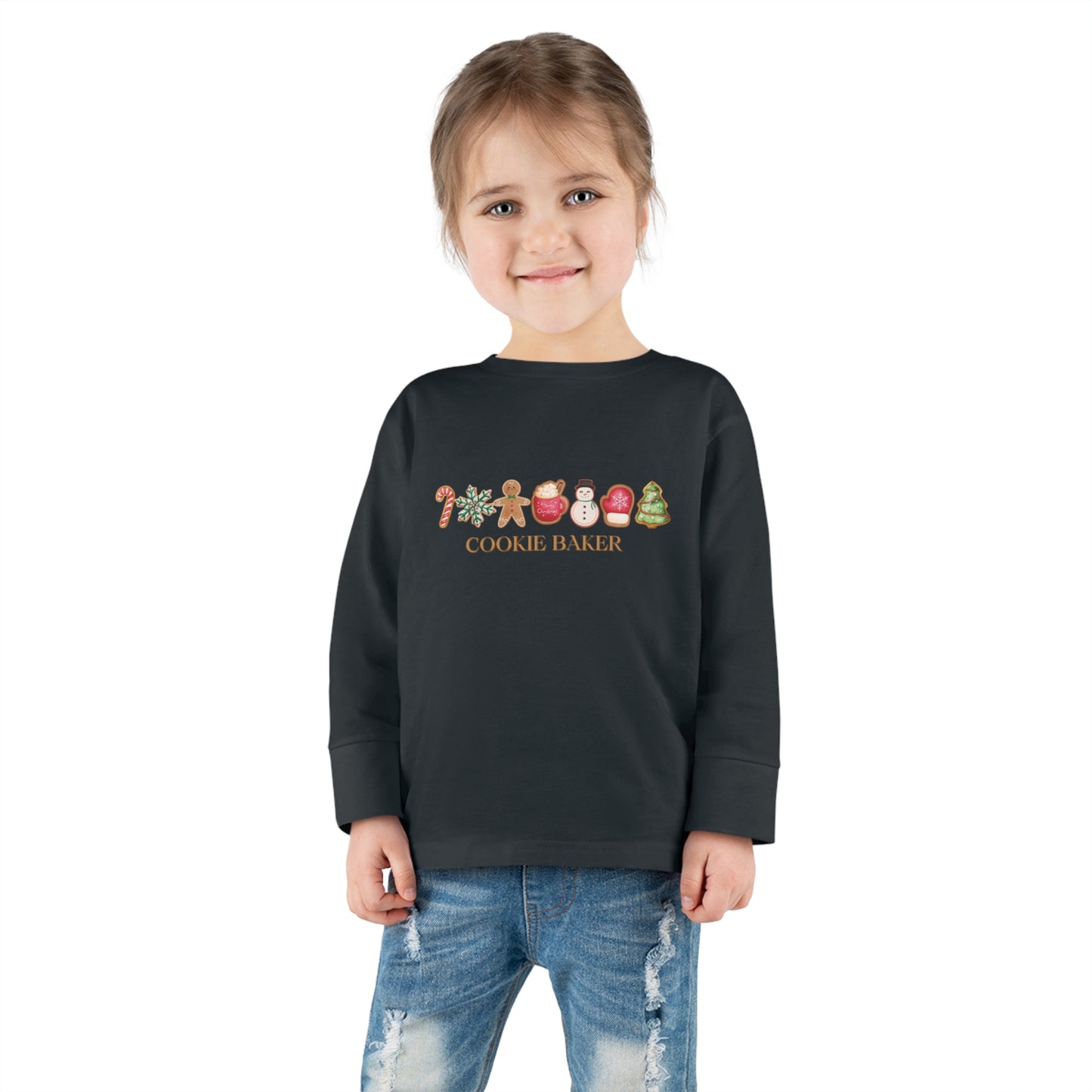 Cookie Baker Holiday Toddler Long Sleeve Tee. Christmas Cookie Baker, sugar, gingerbread, toddler top