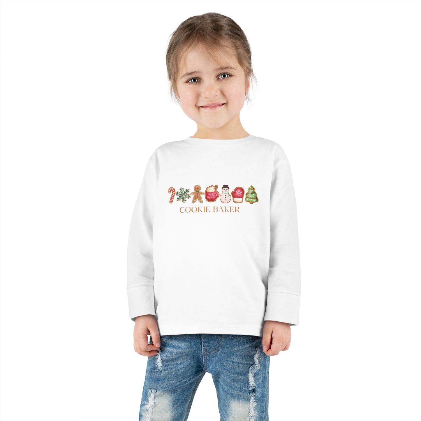 Cookie Baker Holiday Toddler Long Sleeve Tee. Christmas Cookie Baker, sugar, gingerbread, toddler top