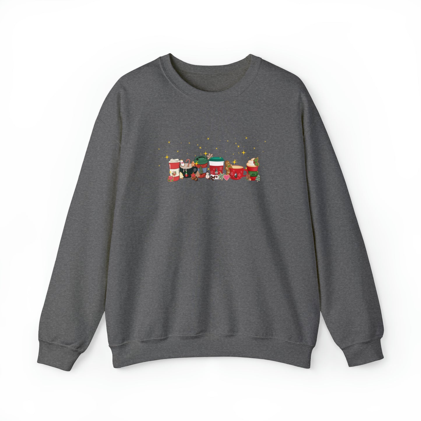 Christmas Cheer Coffee Sweatshirt. Holiday top dancing with cookies, coffee beans and snowflakes filling the coffee cup with joy