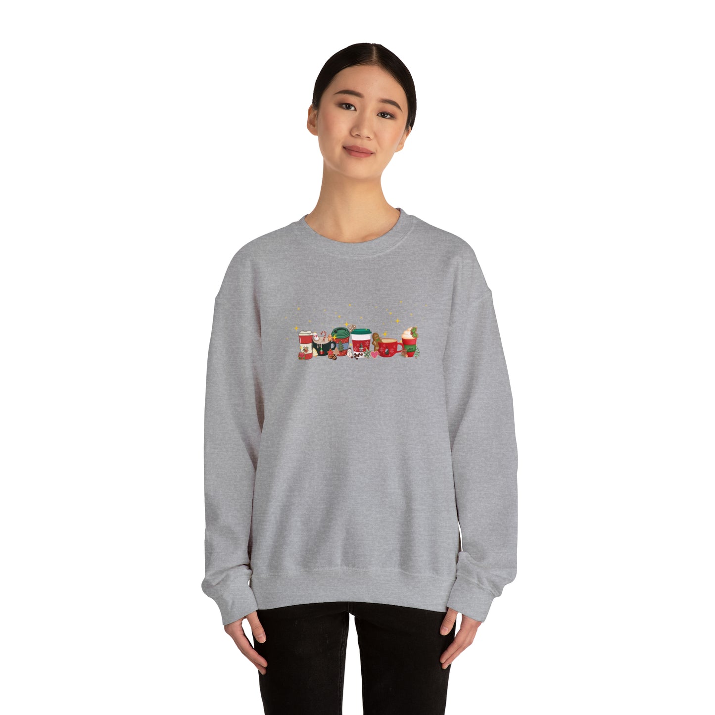 Christmas Cheer Coffee Sweatshirt. Holiday top dancing with cookies, coffee beans and snowflakes filling the coffee cup with joy