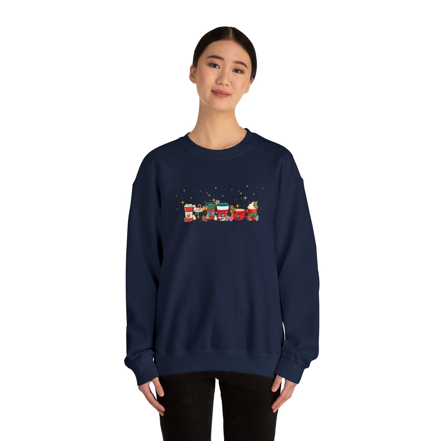 Christmas Cheer Coffee Sweatshirt. Holiday top dancing with cookies, coffee beans and snowflakes filling the coffee cup with joy