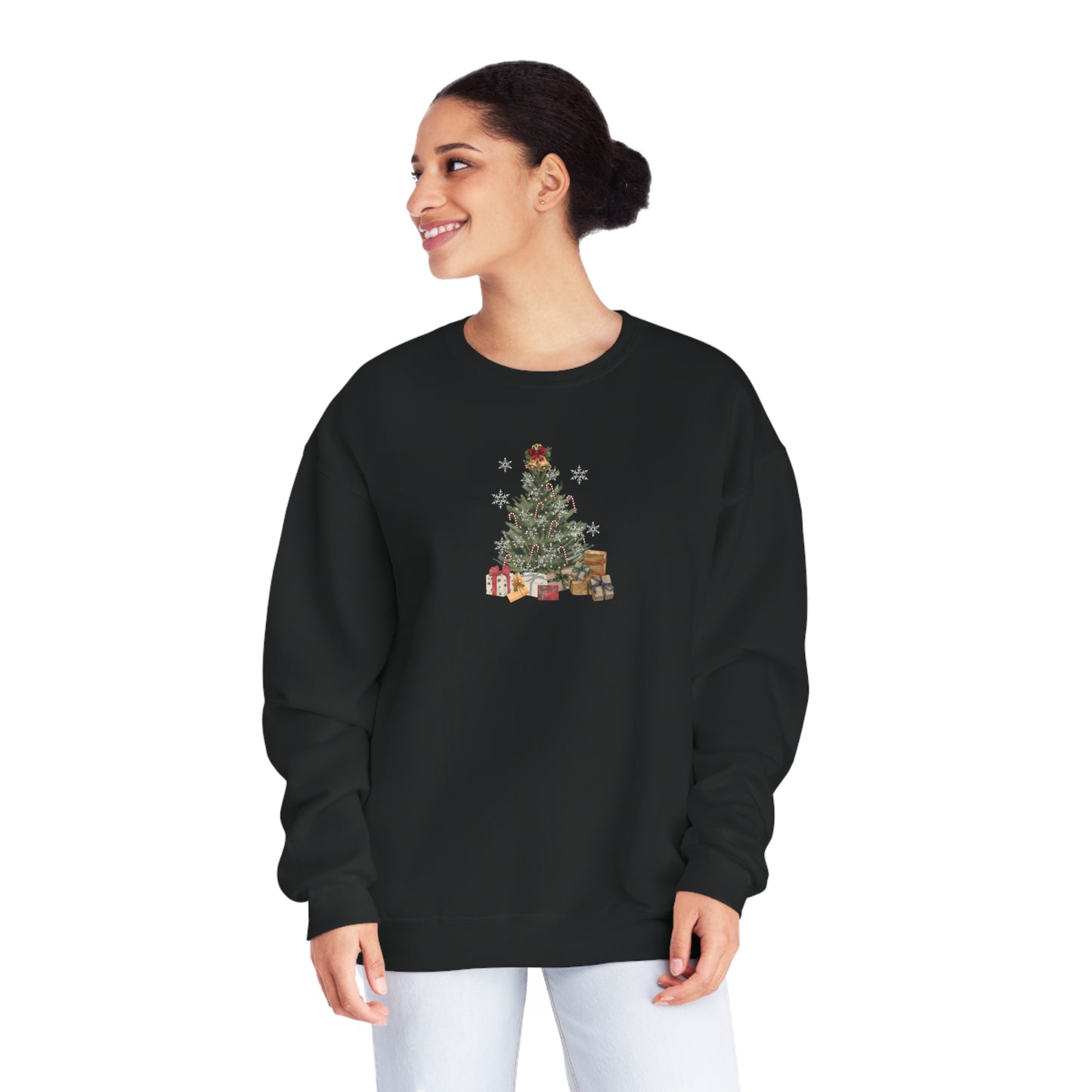 Decorated Christmas Tree Sweatshirt, Candlelight lit twinkling candy cane dangling Holiday long sleeve top