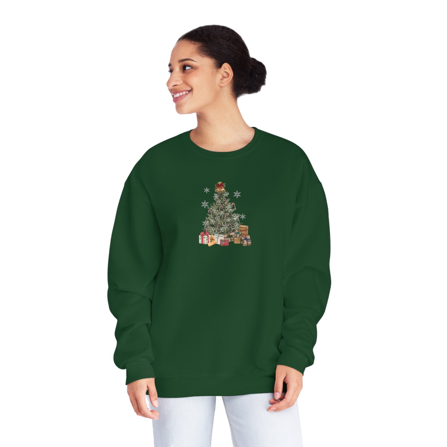 Decorated Christmas Tree Sweatshirt, Candlelight lit twinkling candy cane dangling Holiday long sleeve top