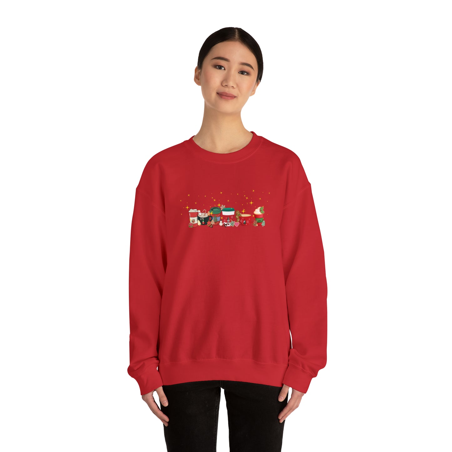 Christmas Cheer Coffee Sweatshirt. Holiday top dancing with cookies, coffee beans and snowflakes filling the coffee cup with joy