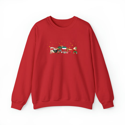 Christmas Cheer Coffee Sweatshirt. Holiday top dancing with cookies, coffee beans and snowflakes filling the coffee cup with joy