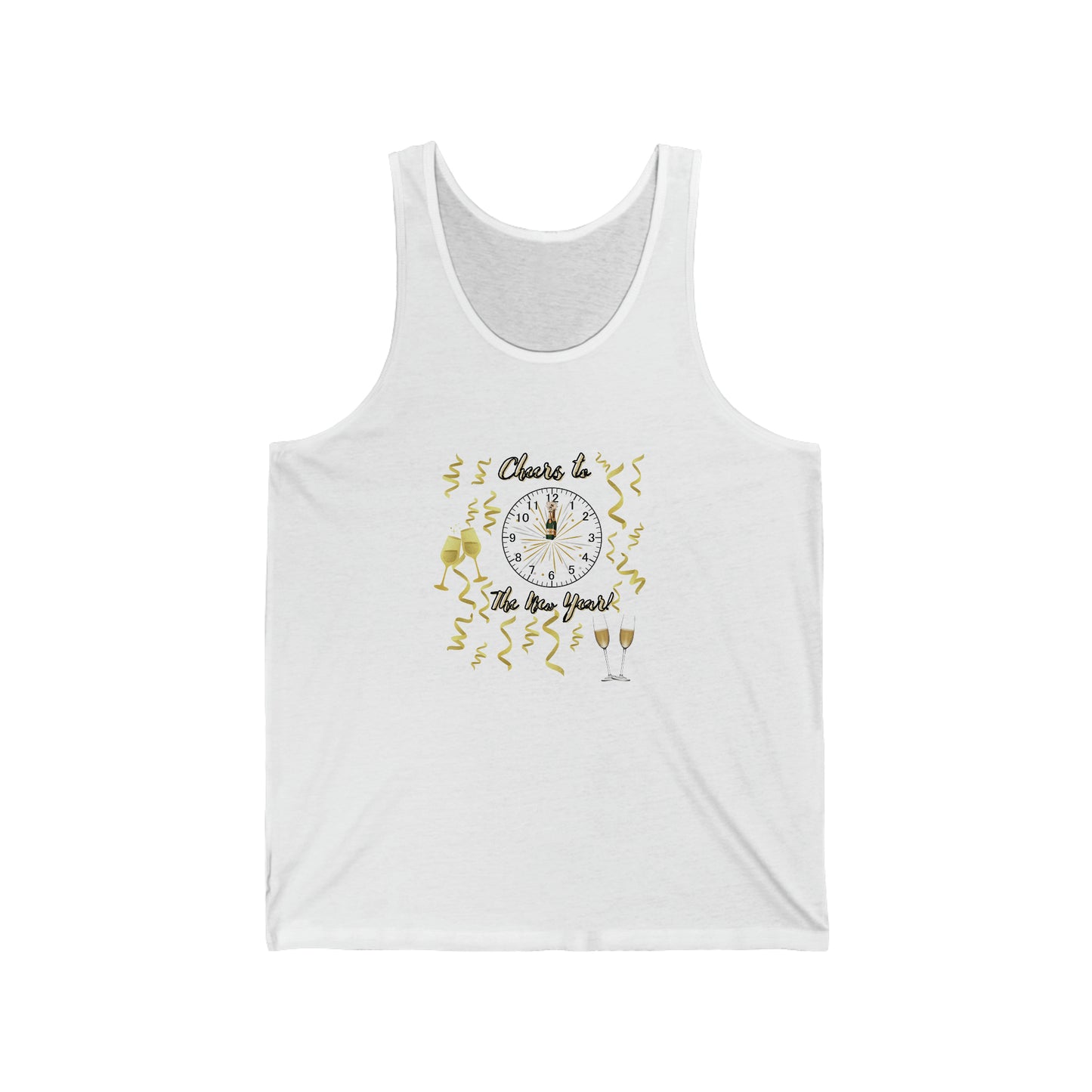 Cheers to the New Year Unisex Jersey Tank, Gold Champagne Streamers stylish top.