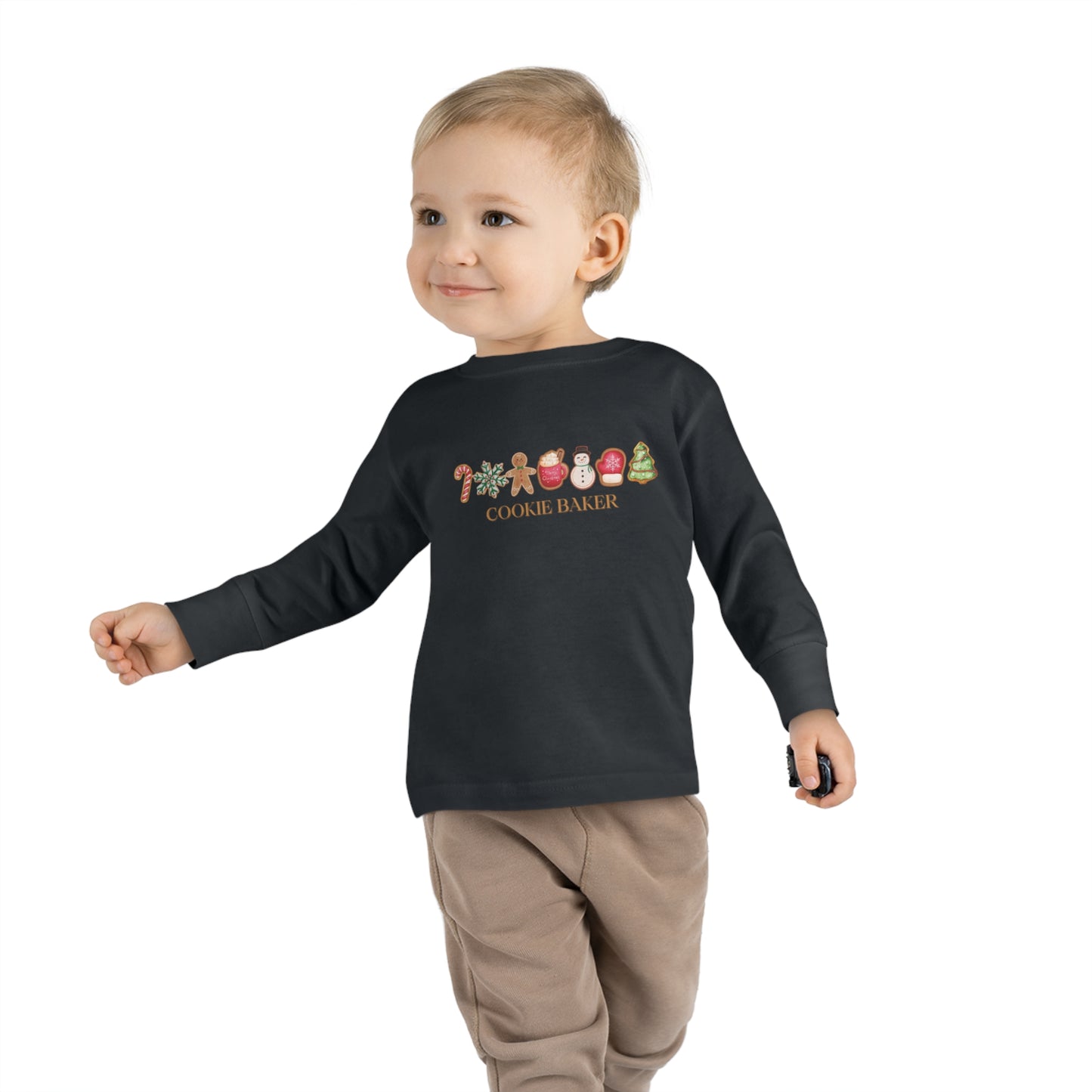 Cookie Baker Holiday Toddler Long Sleeve Tee. Christmas Cookie Baker, sugar, gingerbread, toddler top