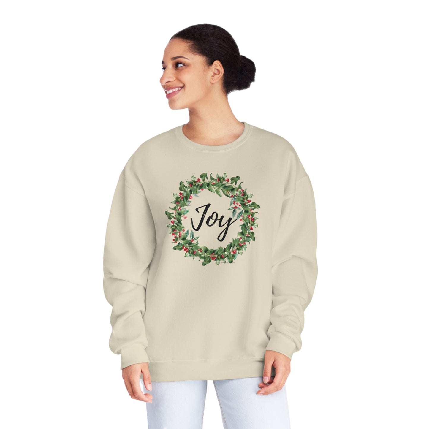 Joy Berry Wreath Holiday Unisex Crewneck Sweatshirt. Christmas, Holiday Wreath with Berries Sweater