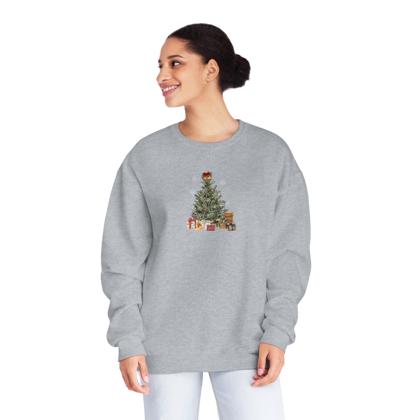 Decorated Christmas Tree Sweatshirt, Candlelight lit twinkling candy cane dangling Holiday long sleeve top