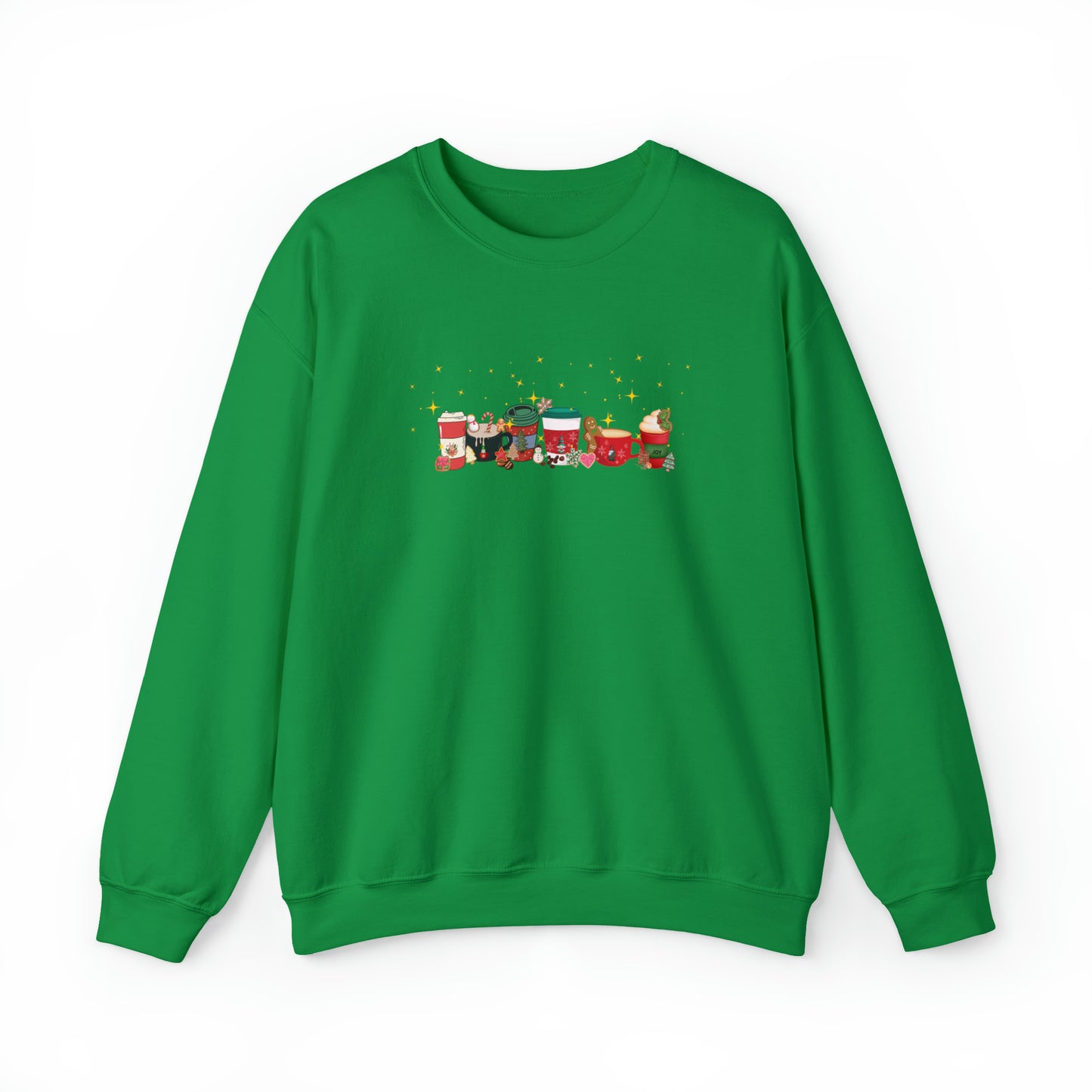 Christmas Cheer Coffee Sweatshirt. Holiday top dancing with cookies, coffee beans and snowflakes filling the coffee cup with joy