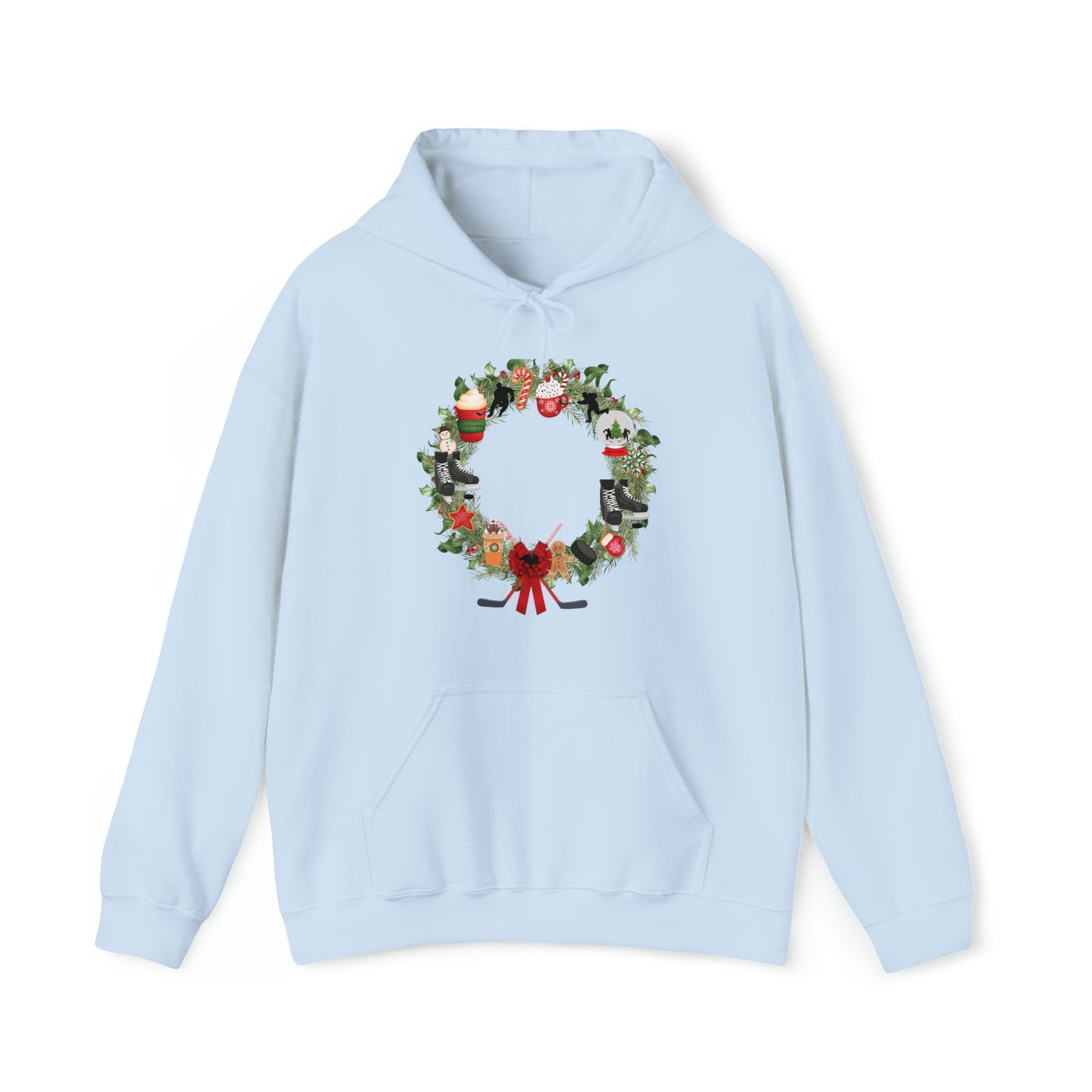 Hockey Mom Christmas Wreath Unisex Heavy Blend™ Hooded Sweatshirt. Holiday Festive wreath for hockey players and their family