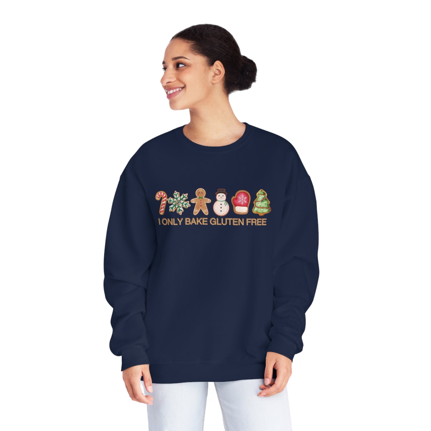 I only bake Gluten Free Unisex Crewneck Sweatshirt, Christmas, frosted, gingerbread, sugar, candy cane GF cookie, latte, coffee, coco