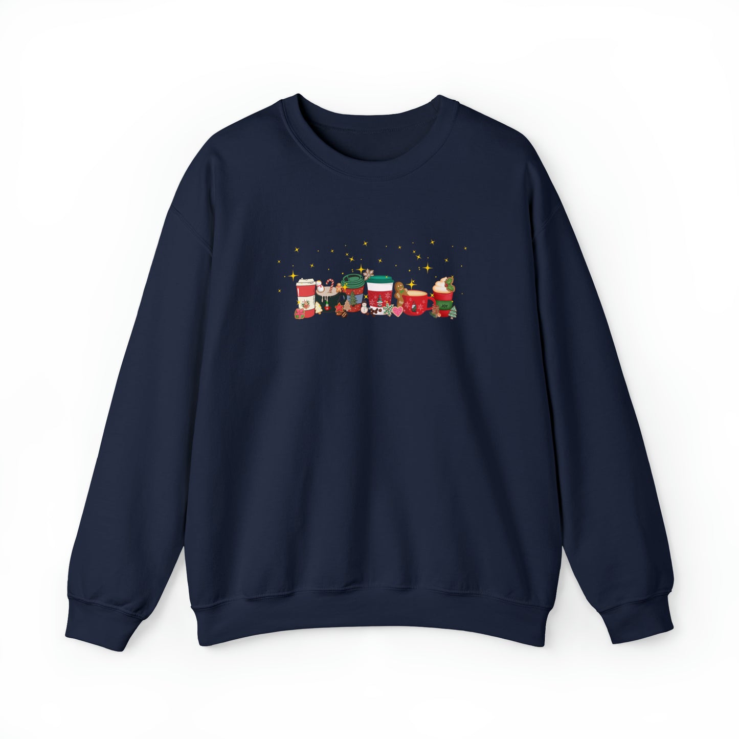 Christmas Cheer Coffee Sweatshirt. Holiday top dancing with cookies, coffee beans and snowflakes filling the coffee cup with joy