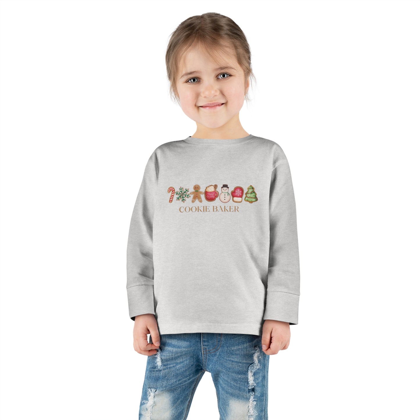 Cookie Baker Holiday Toddler Long Sleeve Tee. Christmas Cookie Baker, sugar, gingerbread, toddler top