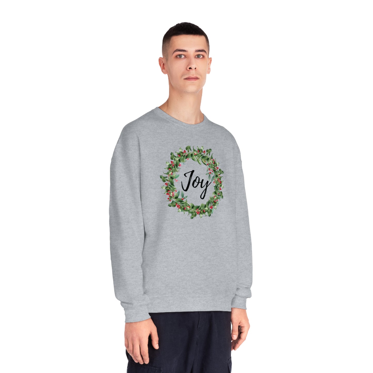 Joy Berry Wreath Holiday Unisex Crewneck Sweatshirt. Christmas, Holiday Wreath with Berries Sweater