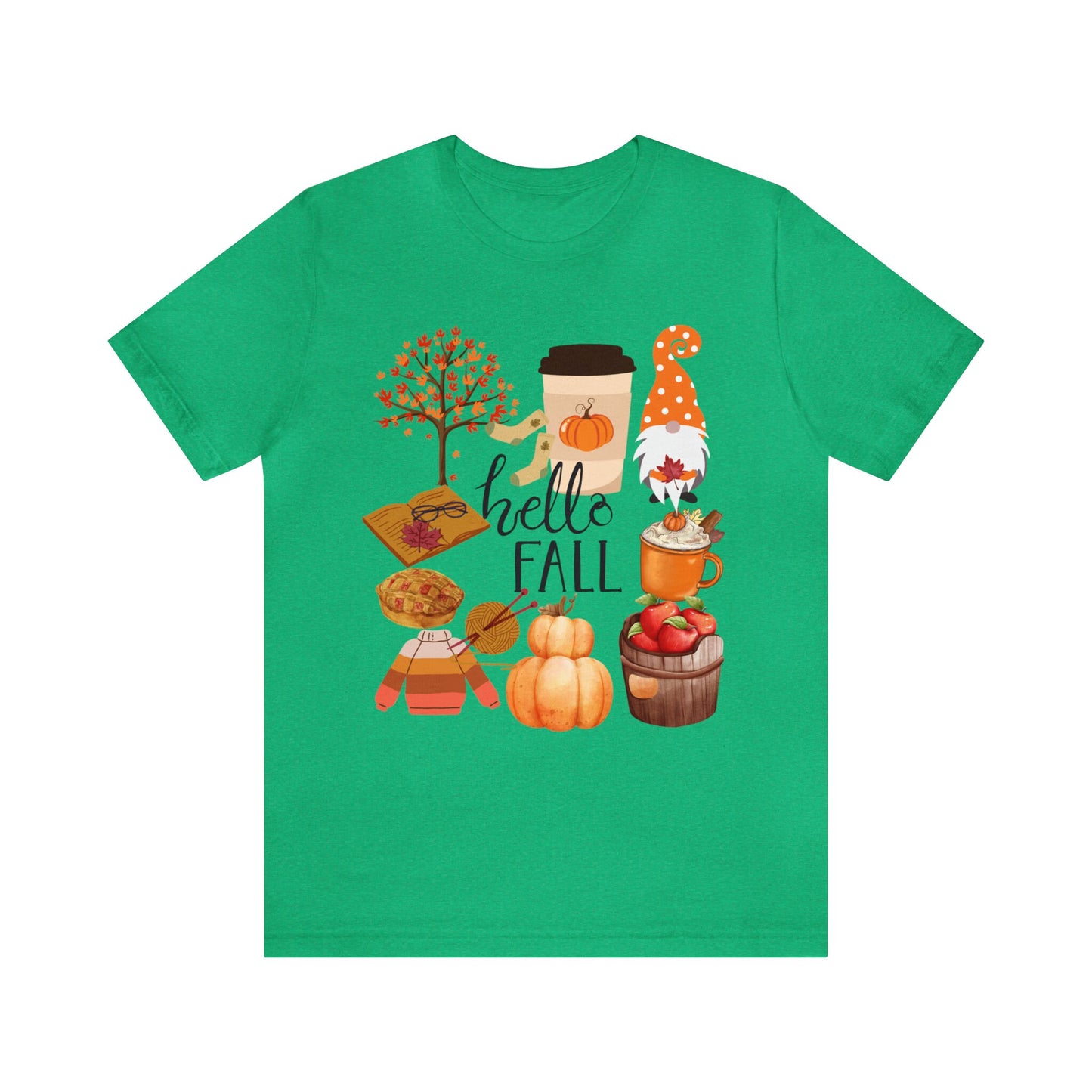 Fall pumpkin t-shirt, gnome leaves, apple trees ,Unisex Jersey Short Sleeve T-shirt, hello fall,  perfect gift to yourself friends family,