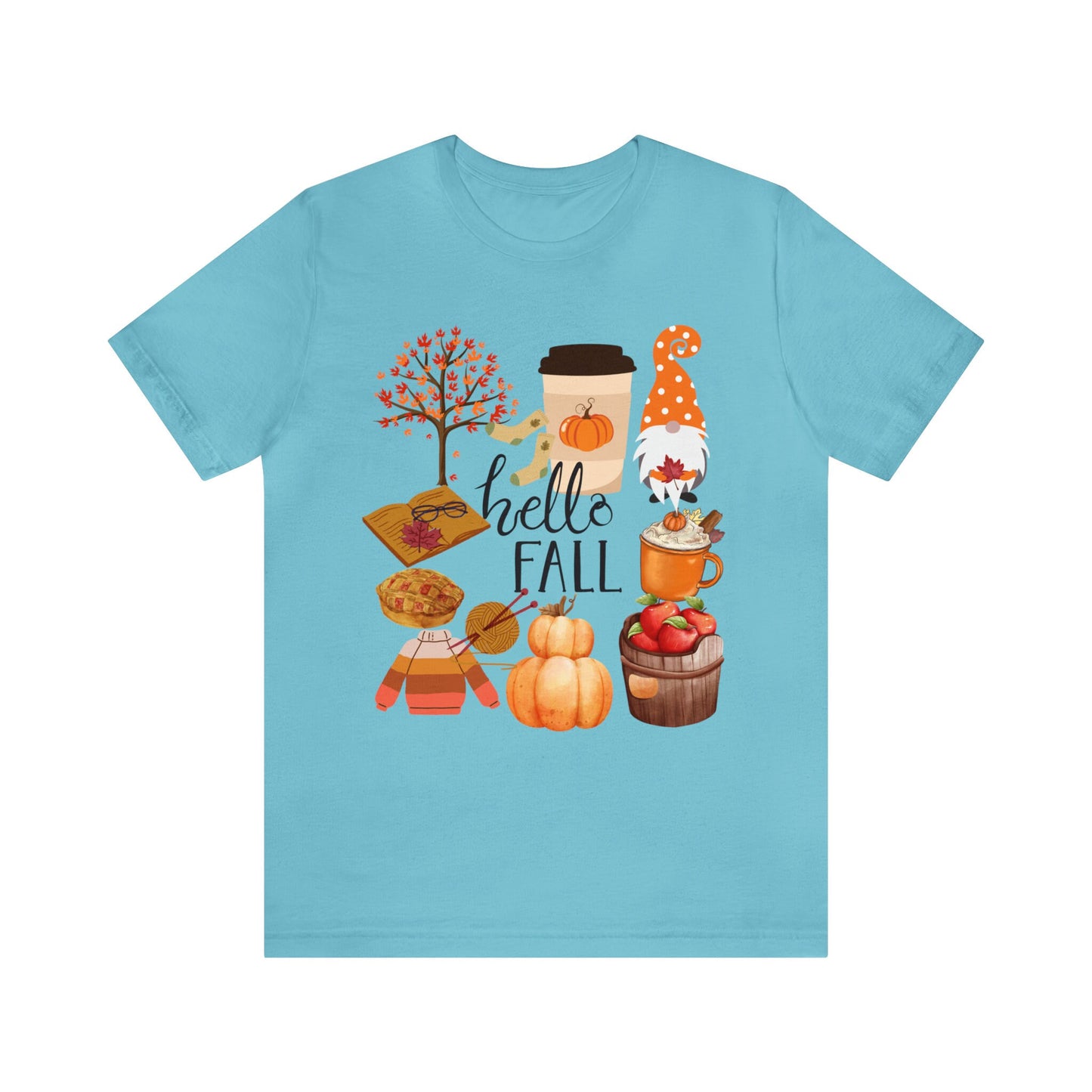 Fall pumpkin t-shirt, gnome leaves, apple trees ,Unisex Jersey Short Sleeve T-shirt, hello fall,  perfect gift to yourself friends family,