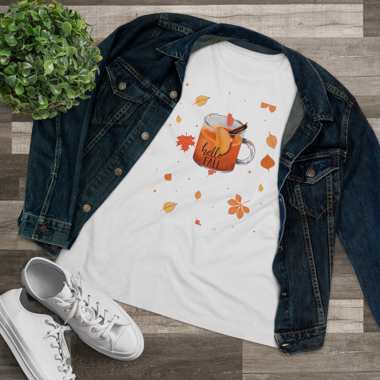 cheers too hello fall leaves hot cider, red orange  Womens t-shirt minimal watercolor simple design, quality cotton classic fit