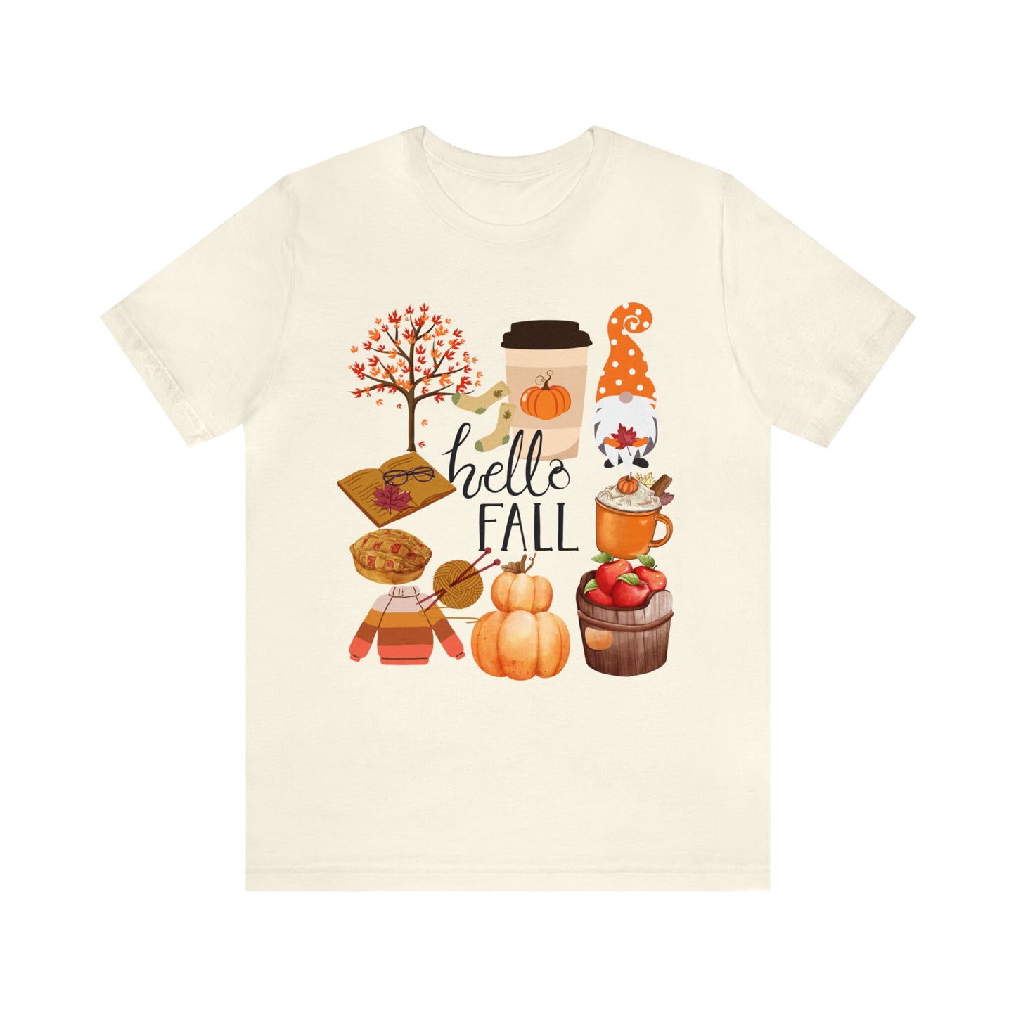 Fall pumpkin t-shirt, gnome leaves, apple trees ,Unisex Jersey Short Sleeve T-shirt, hello fall,  perfect gift to yourself friends family,