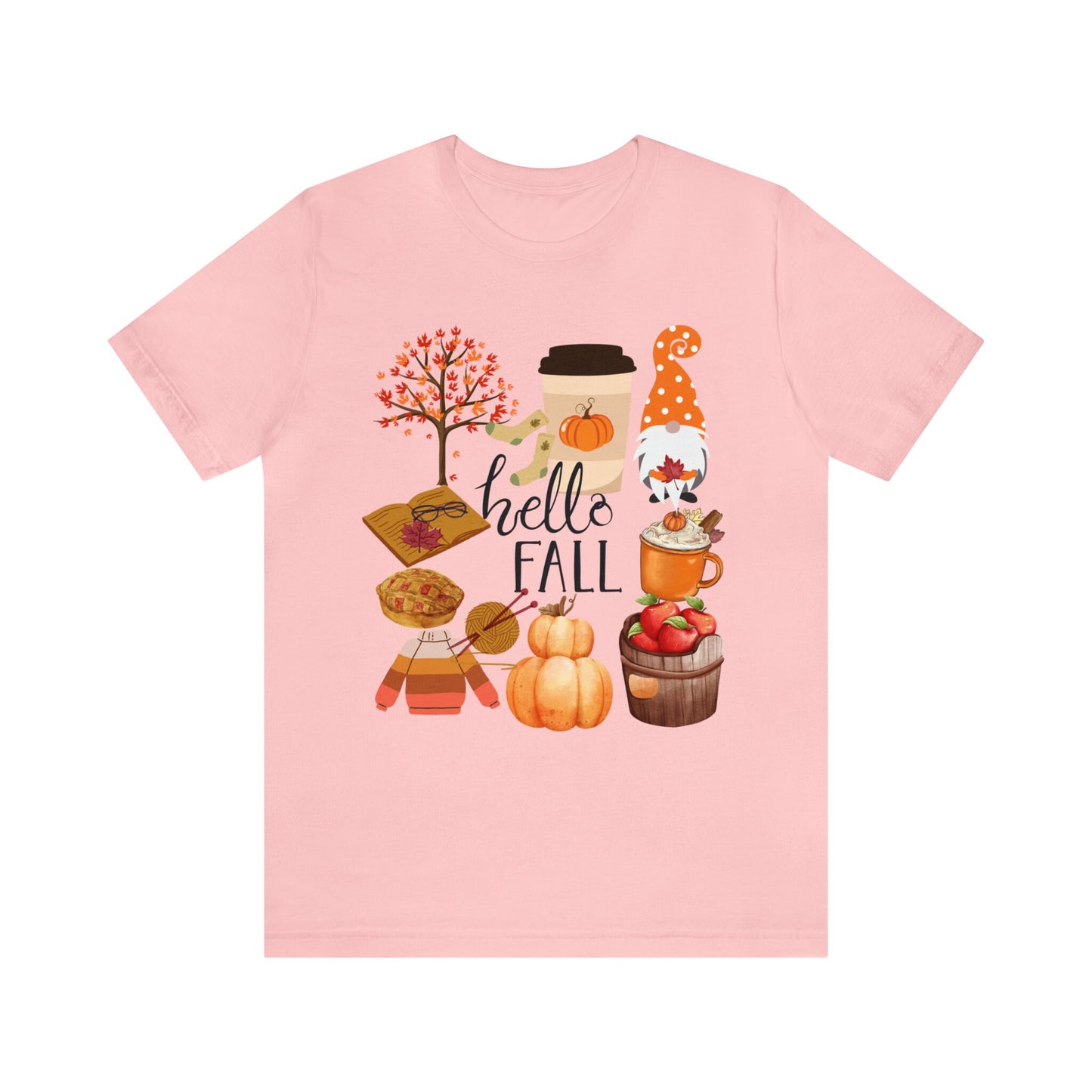 Fall pumpkin t-shirt, gnome leaves, apple trees ,Unisex Jersey Short Sleeve T-shirt, hello fall,  perfect gift to yourself friends family,