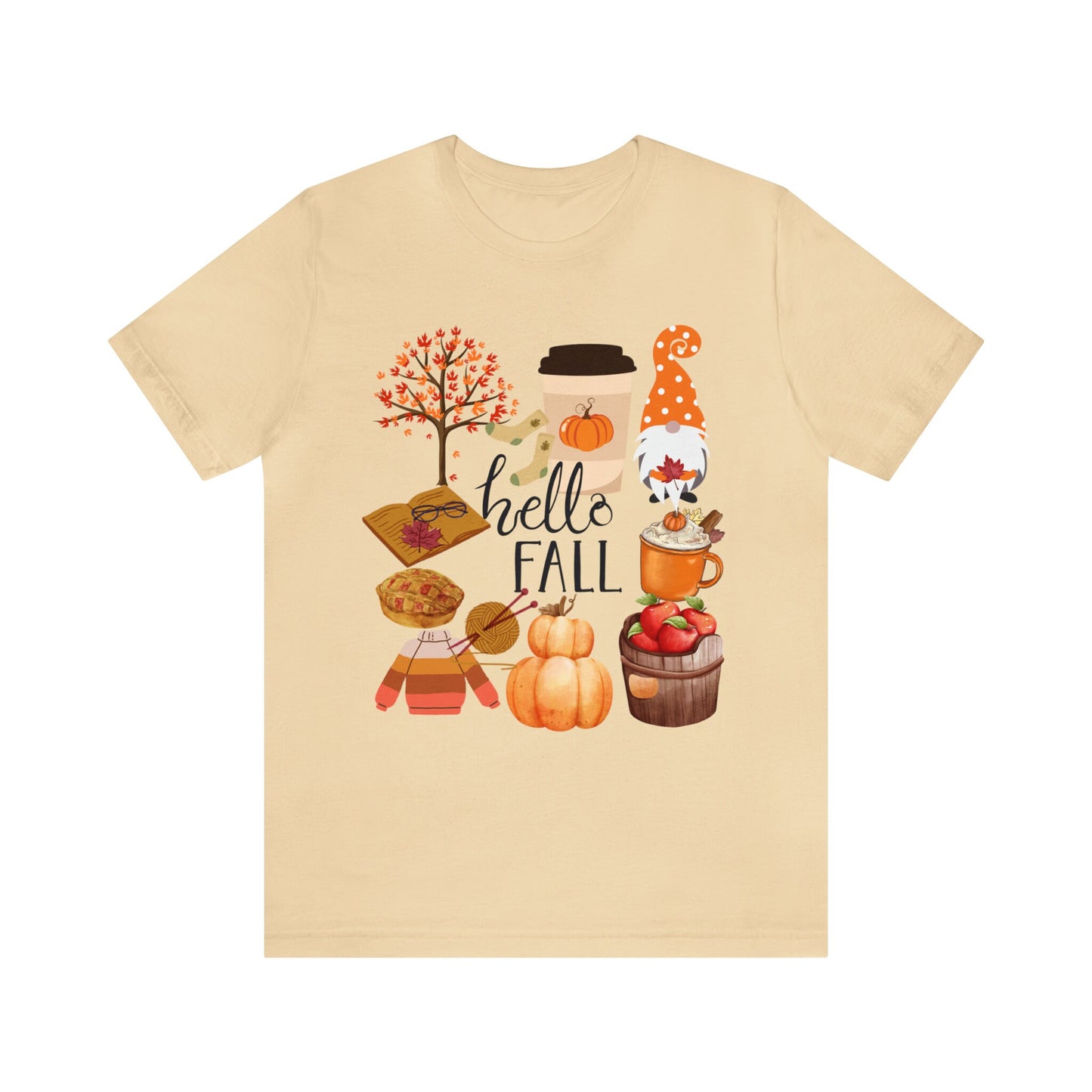 Fall pumpkin t-shirt, gnome leaves, apple trees ,Unisex Jersey Short Sleeve T-shirt, hello fall,  perfect gift to yourself friends family,