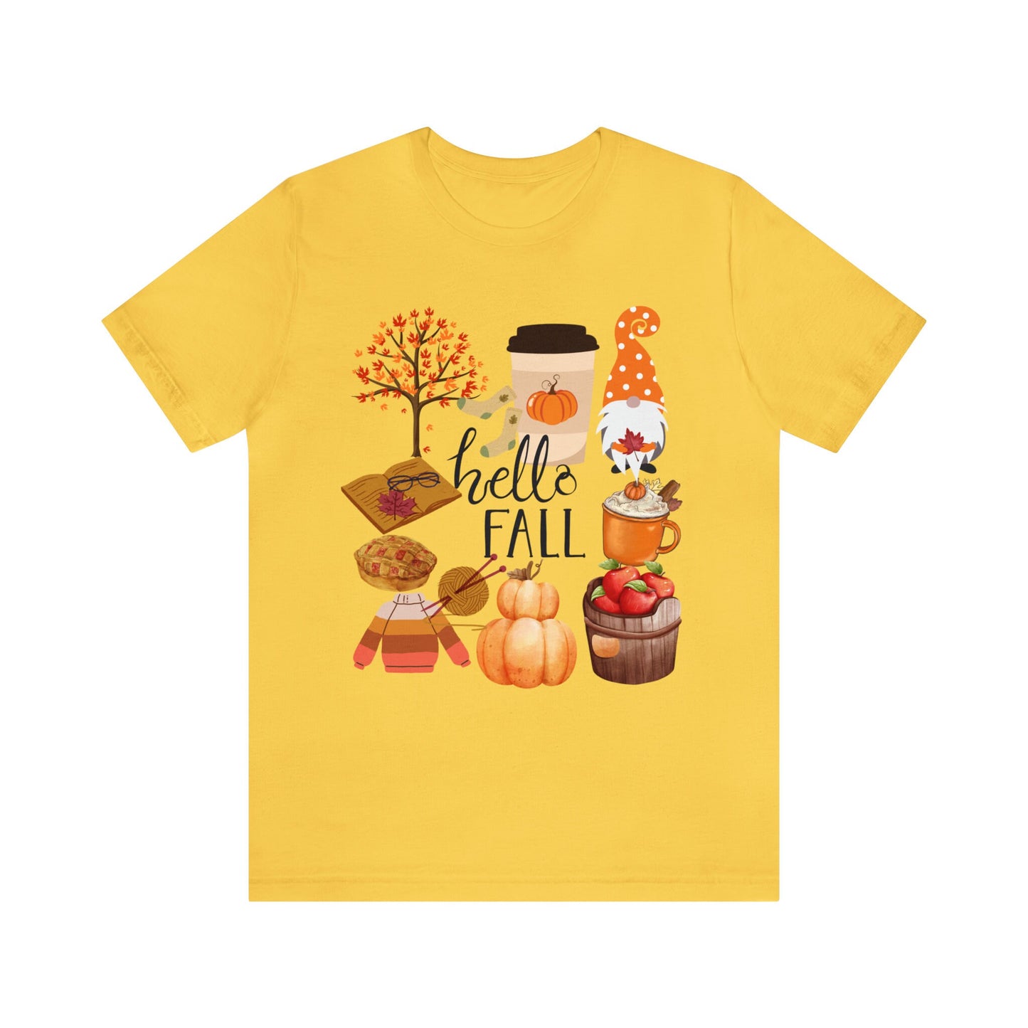 Fall pumpkin t-shirt, gnome leaves, apple trees ,Unisex Jersey Short Sleeve T-shirt, hello fall,  perfect gift to yourself friends family,