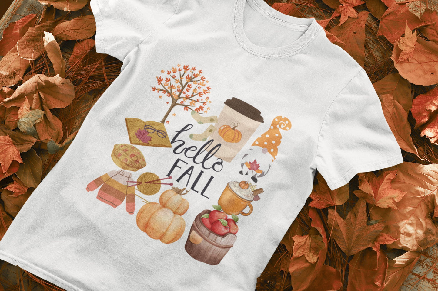 Fall pumpkin t-shirt, gnome leaves, apple trees ,Unisex Jersey Short Sleeve T-shirt, hello fall,  perfect gift to yourself friends family,