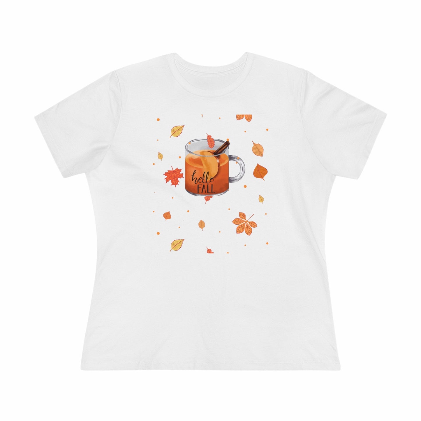 cheers too hello fall leaves hot cider, red orange  Womens t-shirt minimal watercolor simple design, quality cotton classic fit