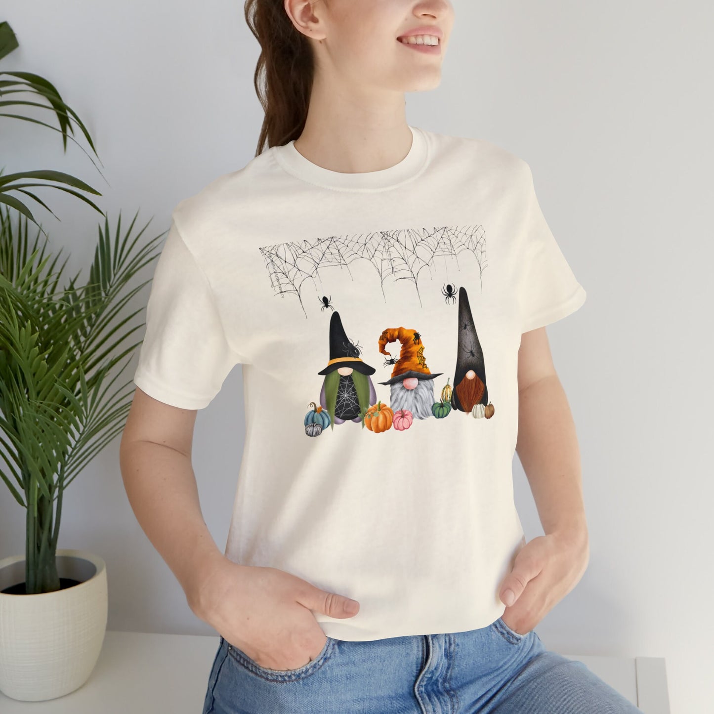 Gnome Spooky Spider Halloween Unisex Jersey Short Sleeve Tee, Haunting Gnome Creepy Crawly fun with whimsical pumpkins